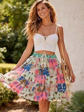 Henna Tiered Patchwork Floral Mini Skirt Size Small